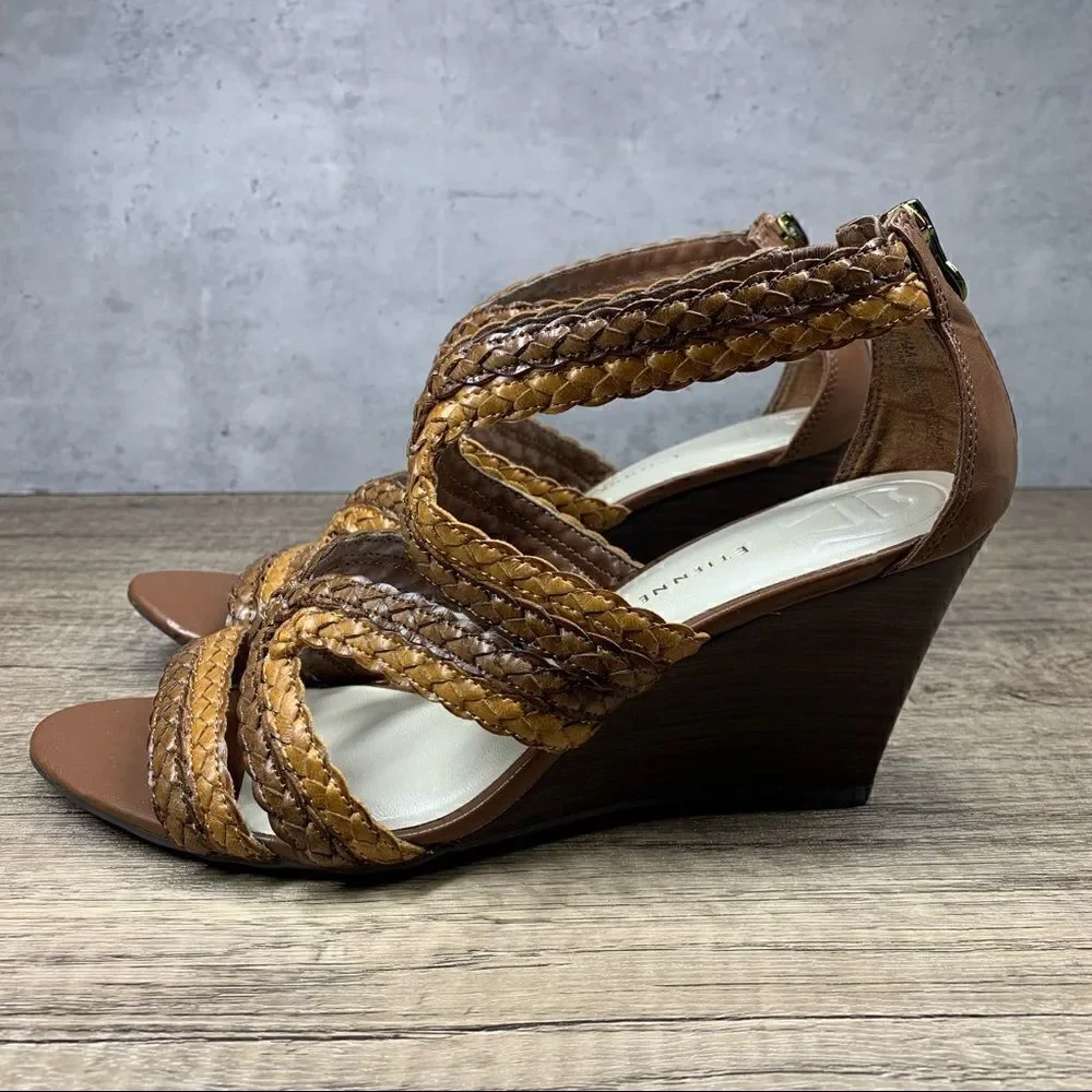 ‎ETIENNE AIGNER E-Peanut Wedge Zip Up Strappy Sandals Shoes Brown Women's 7.5M